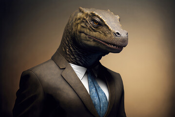 Fototapeta premium Portrait of a iguana dressed in a formal business suit, generative ai