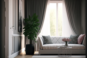 Interior design of a contemporary room with a sofa, pillows, table, plant, and drapes. Generative AI