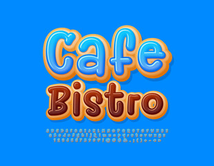 Vector tasty Emblem Cafe Bistro. Delicious Donut Font. Blue Glazed Alphabet Letters and Numbers set. 
