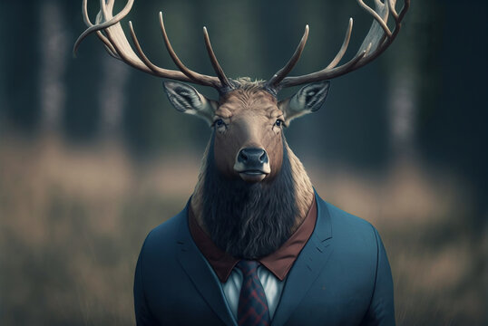 Portrait of a deer dressed in a formal business suit,  generative ai