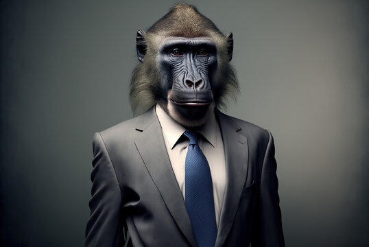 Portrait of a baboon dressed in a formal business suit,  generative ai