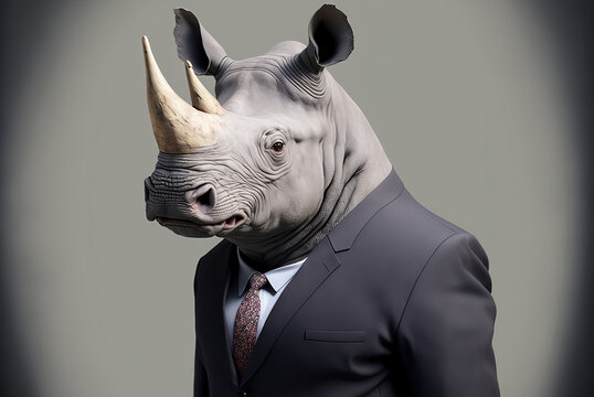 Portrait of a rhinoceros dressed in a formal business suit,  generative ai
