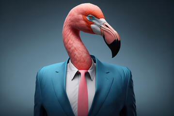 Portrait of a flamingo dressed in a formal business suit,  generative ai