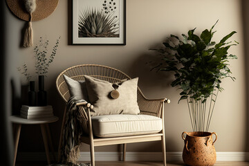 Japandi style interior with gray armchair and boho decor on cream color wall. Generative AI