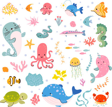 Ocean cute animals, aquatic sea cartoon fish whale narval. Marine funny animal, seahorse and turtle. Underwater life nowaday baby vector characters