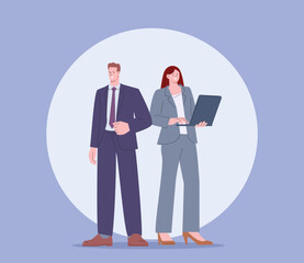 Business couple, partnership and start up entrepreneurs. Flat office man and woman wear suits. Successful happy business people vector characters