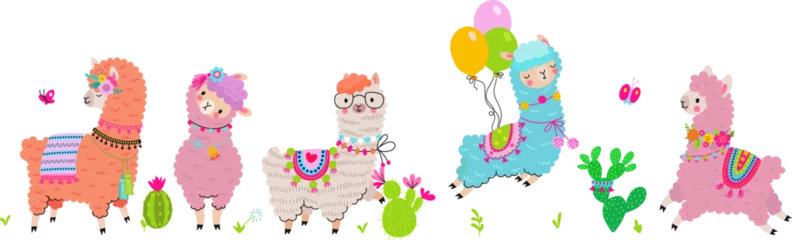 Foto auf Alu-Dibond Cute cartoon llama banner. Funny fluffy alpaca jump with balloons and stay between cacti. Cute childish decorative vector animals background © MicroOne
