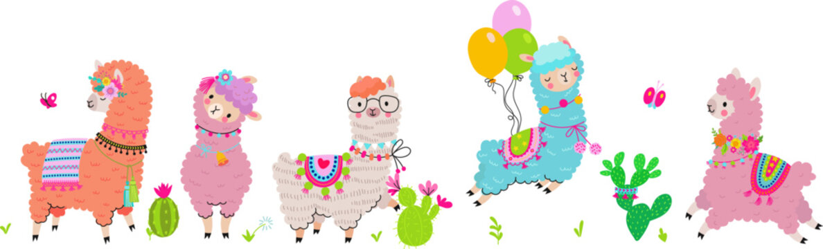 Cute cartoon llama banner. Funny fluffy alpaca jump with balloons and stay between cacti. Cute childish decorative vector animals background
