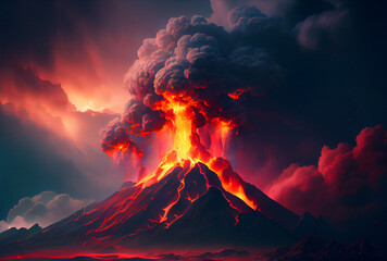 Volcanic eruption in Indonesia. Powerful explosion. Lava flows. Lots of smoke and fire. Generative AI Art. Apocalypse.