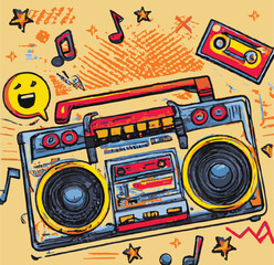 Fototapeta premium A tape recorder with cassettes and musical notes in the background retro poster illustration