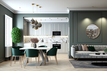Modern interior design of living room with kitchen and dining room. Luxurious apartment background with contemporary design. Wall mock up. , 3D illustration. Generative AI