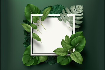 Green leaves with white square frame, flat lay, for advertising card or invitation