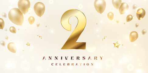 2nd Anniversary celebration background. 3D Golden numbers with bent ribbon, confetti and balloons. - obrazy, fototapety, plakaty
