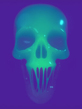 Neon colored glittery skull chewing gum. An imagery of deadly sweetness. 3d rendering digital illustration background