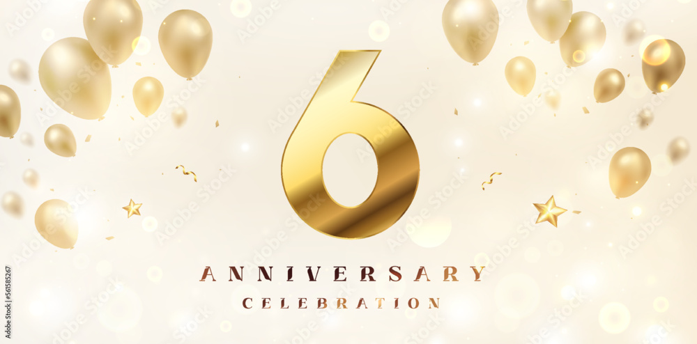 Wall mural 6th Anniversary celebration background. 3D Golden numbers with bent ribbon, confetti and balloons.