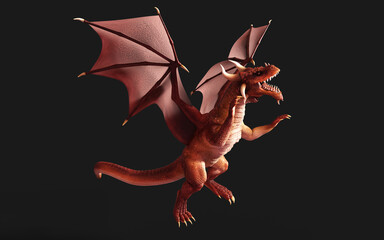 3d illustration of a red fantasy dragon posing isolated on black background with clipping path.