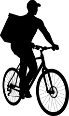 Silhouette of delivery guy riding a bicycle. Delivery man with a package. Vector flat style illustration isolated on white. Full-length view