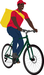 Obraz na płótnie Canvas Hand-drawn African American delivery guy riding a bicycle. Delivery man with a package. Vector flat style illustration isolated on white. Full-length view 