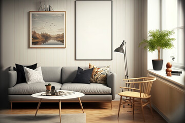 mock up poster frame with a Scandinavian styled living room background. Generative AI