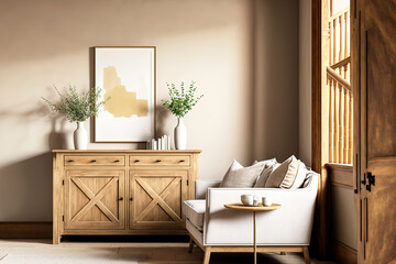 Farmhouse wooden furniture in a bright beige interior background, a minimalist living room design,. Generative AI