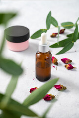 Fototapeta na wymiar Face or body cream and serum in bottle with rose and eucalyptus on a light background close up. The concept of care cosmetics with herb.