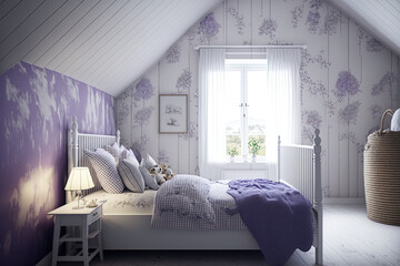 White and violet colored children's bedroom in a farmhouse. a single bed, a broad perspective, and a wallpaper covered wall. Interior design by Japandi,. Generative AI