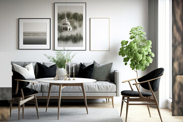 Scandinavian living and dining area in modern apartment interior with elegant furniture's décor and poster frame mockups wall background, , 3d illustration. Generative AI