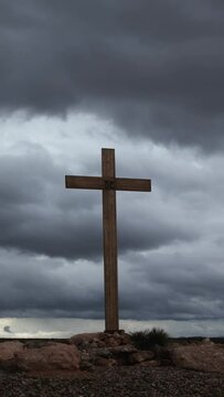 Vertical Video Christian Cross with Ominous Storm Clouds Timelapse Background