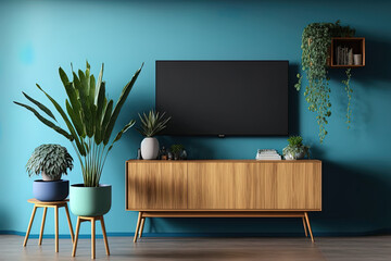 TV on cabinet in interior room with no furniture, blue wall with wood shelf, lamp, plants, and wooden table. Generative AI