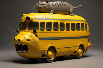 A silly yellow school bus with a face and cat on top. AI generated art.  - obrazy, fototapety, plakaty