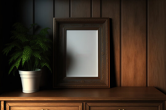 Mockup poster frame on wood cabinet in empty dark room background. Generative AI
