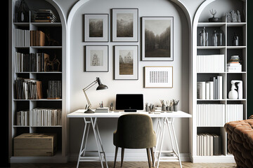 Interior of white office with chair, desk, light, and arch bookcase in wall with décor and books. a workstation in an office with a frame on the wall,. Generative AI