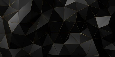 Small abstract black polygon geometry triangle mosaic background with gold inlays, wide angle view