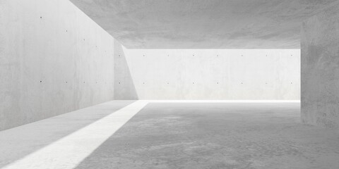 Abstract large, empty, modern concrete room, sunlight from roof opening and rough floor - industrial interior background template