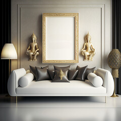 Thai theme Mock up frame in home interior background, neutral room with natural furniture, asian style, 3d render, add your own photo to frame. Generative AI