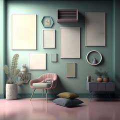 Mock up frame in home interior background, neutral room with modern furniture, modern style, 3d render, Add your own artwork to picture frames, Generative AI