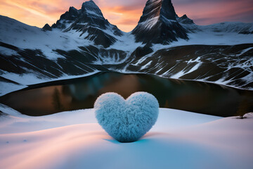 Valentine's Day snow heart near a lake with mountains, Generative AI
