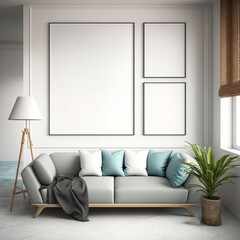 Mock up frame in home interior background, neutral room with modern furniture, modern style, 3d render, Add your own artwork to picture frames
