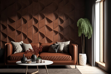 In a contemporary living area, a brown sofa is situated in front of a tiled wall. Generative AI