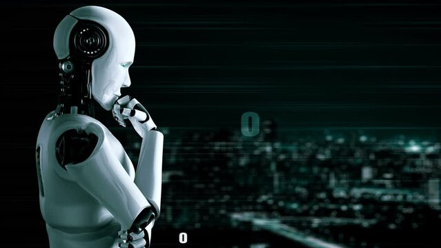 Futuristic robot artificial intelligence huminoid AI programming coding technology development and machine learning concept. Robotic bionic science research for future of human life. 3D rendering.