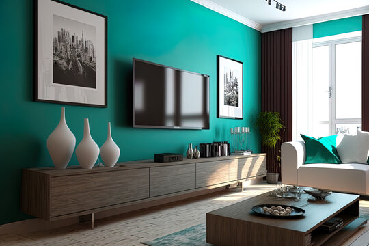 Modern living room with turquoise wall and TV on cabinet. Generative AI