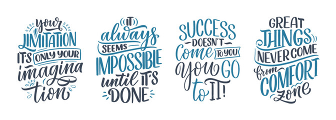 Set with hand drawn lettering quotes in modern calligraphy style about business motivation. Inspiration slogans for print and poster design. Vector