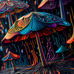 Magic colorful mushroom umbrella with pouring rain drops. Generative AI.