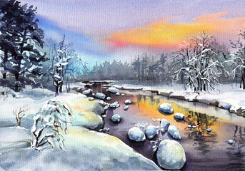 Watercolor winter landscape; stones under snow on  river; sunset in  forest.