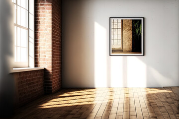 Room is empty, with parquet floors and a brick wall. Interior mockup, with an illustration. Generative AI