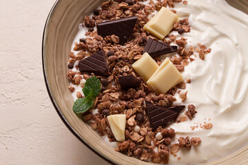 yogurt with chocolate muesli, breakfast, close-up, fork on top, no people,