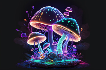 Neon toadstools illustration. Glowing mushrooms on dark background. Generative AI