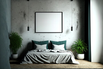 Bedroom interior space with mock up poster on background wall, , 3d illustration. Generative AI