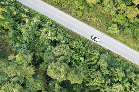 Topl View of White Car Driving on the Road with Forest View