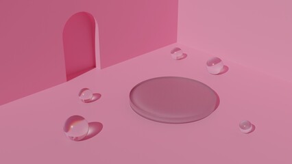 Abstract corner composition pastel pink with glass marbles clean 3D render